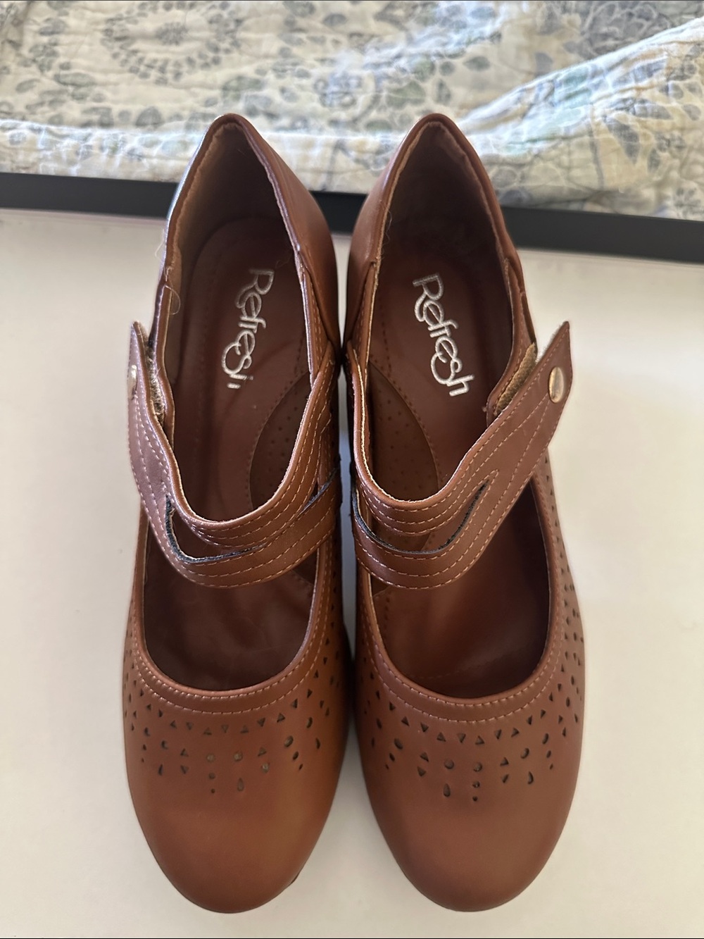 Refresh Women's Tan Perforated Mary Jane Flats